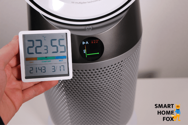The thermostat shows the target temperature after the Dyson Pure Hot + Cool HP04 air purifier has heated the air.